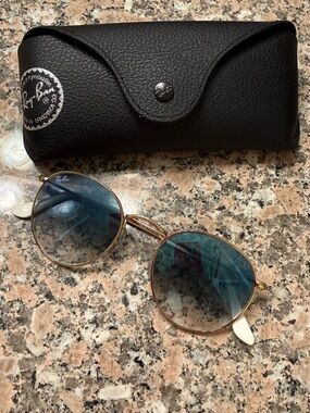 Ray-Ban Gold Frame Blue Lens Round Women's Sunglasses